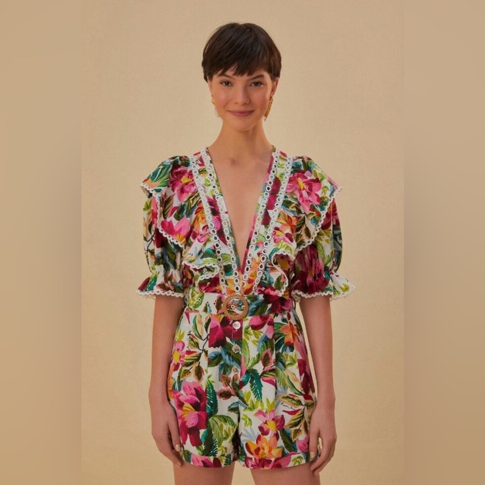 FARM Rio Off White Painted Flowers Romper